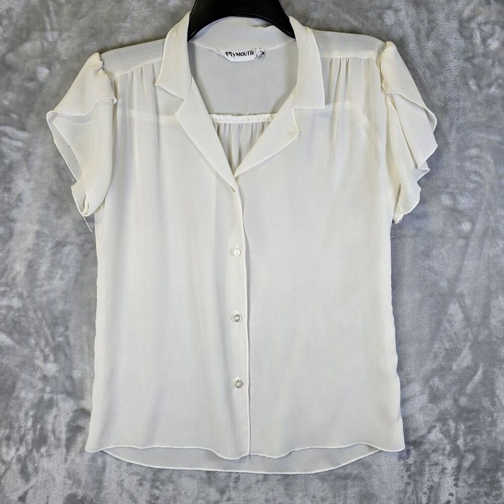 Plymouth Sheer Blouse Top Womens M-L Off White Classic Petal Sleeve Lightweight